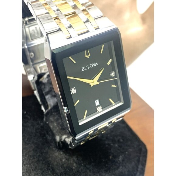 Bulova Men's Watch 98D153 Black Dial Diamond Accent Rectangle Two Tone Steel - Picture 14 of 15